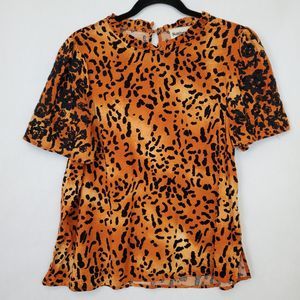 Savanna Jane‎ Top Womens Medium Animal Print Floral Embroidered Crew Neck Gold